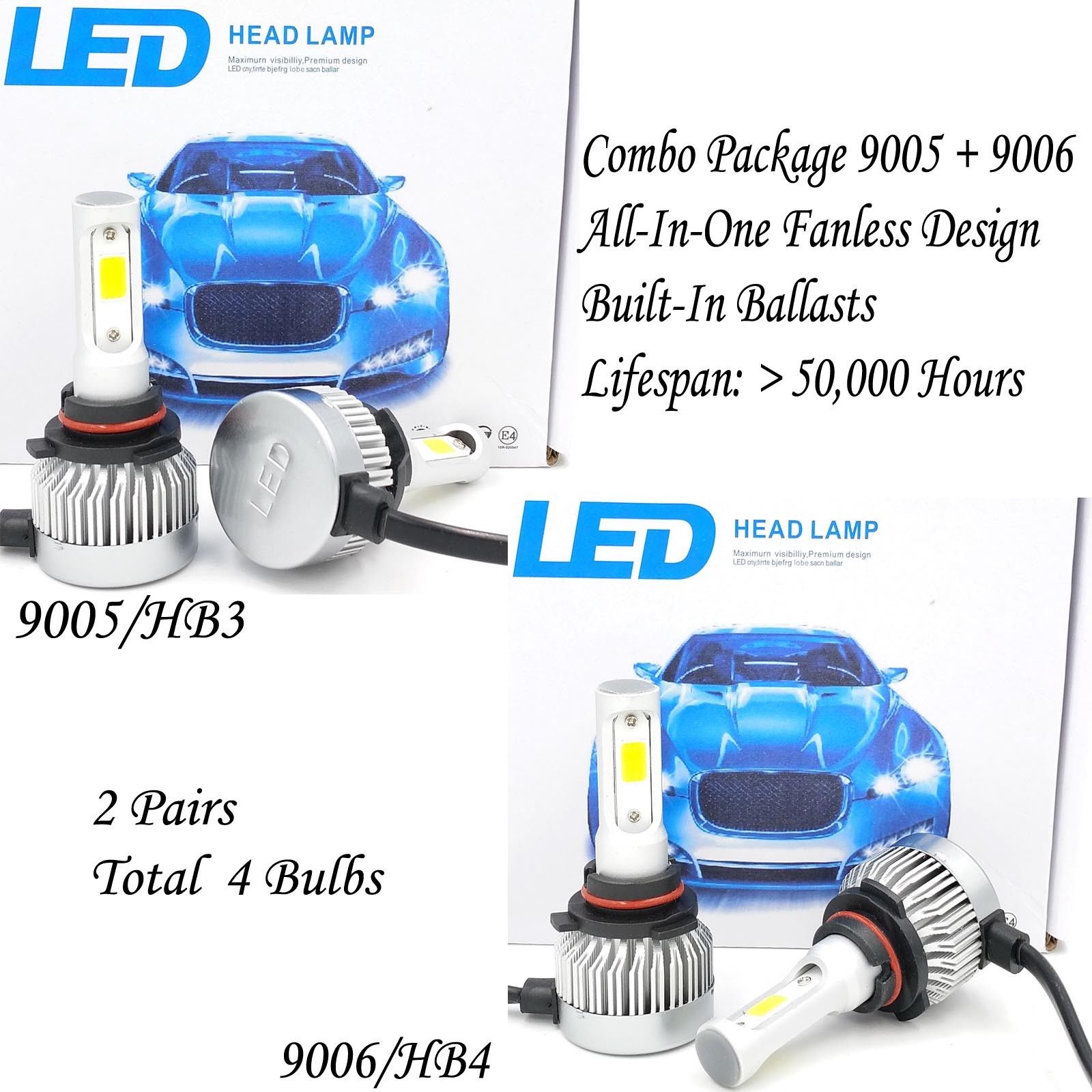 9005 H11 Combo Total 1960W 294000LM LED Headlight Kit Bulbs 6000K 4pcs Hi/Low