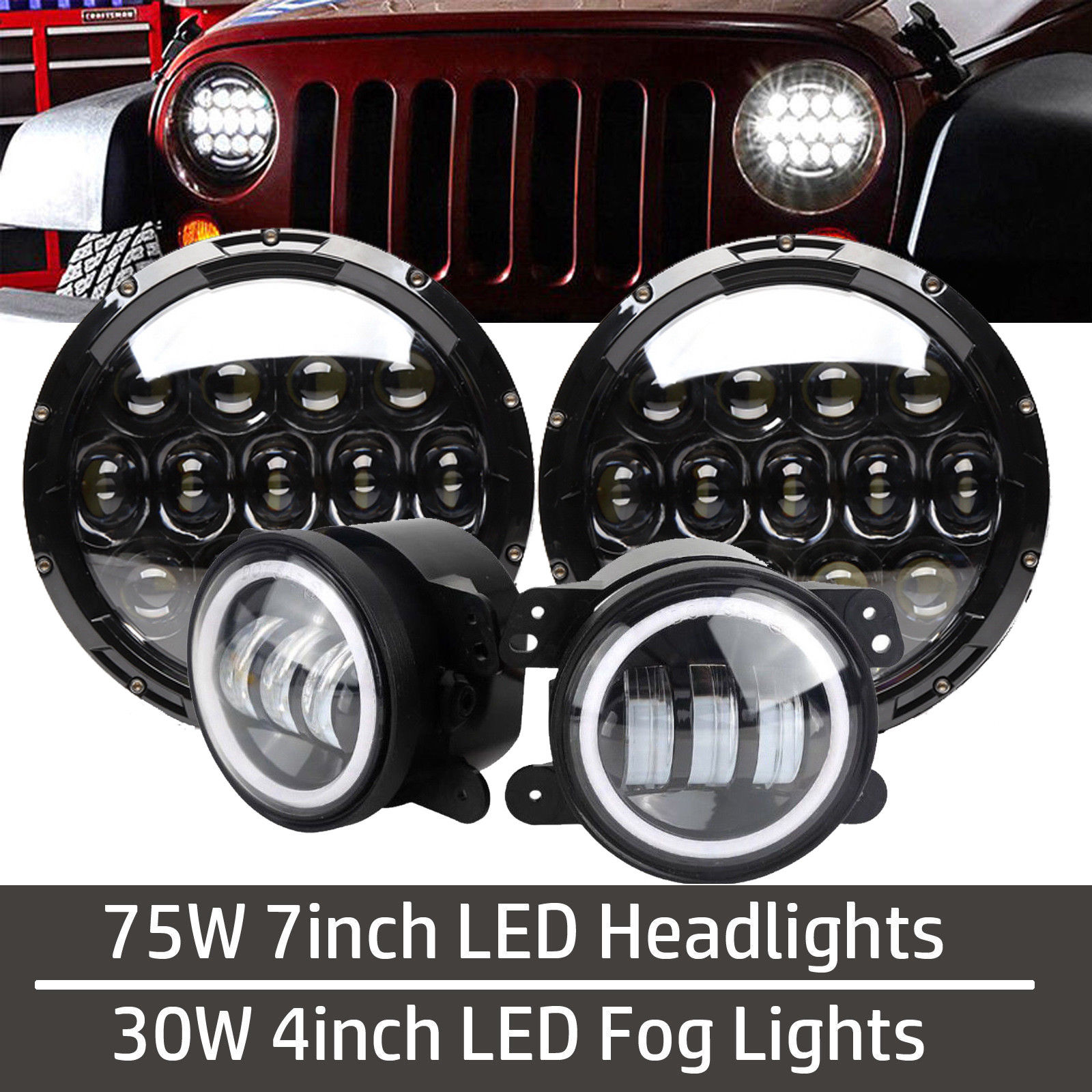 Halo Fog Light Combo 07-17 for Jeep Wrangler JK Halo LED Headlight 75W Chrome