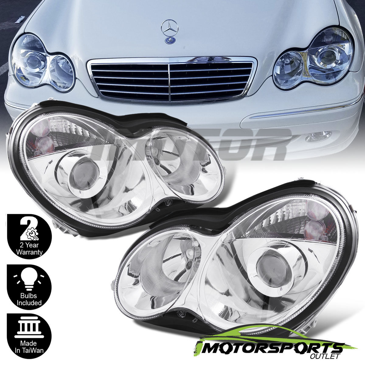 AmeriLite Projector Headlights Black For Mercedes-Benz C Class W203 Passenger and Driver Side 